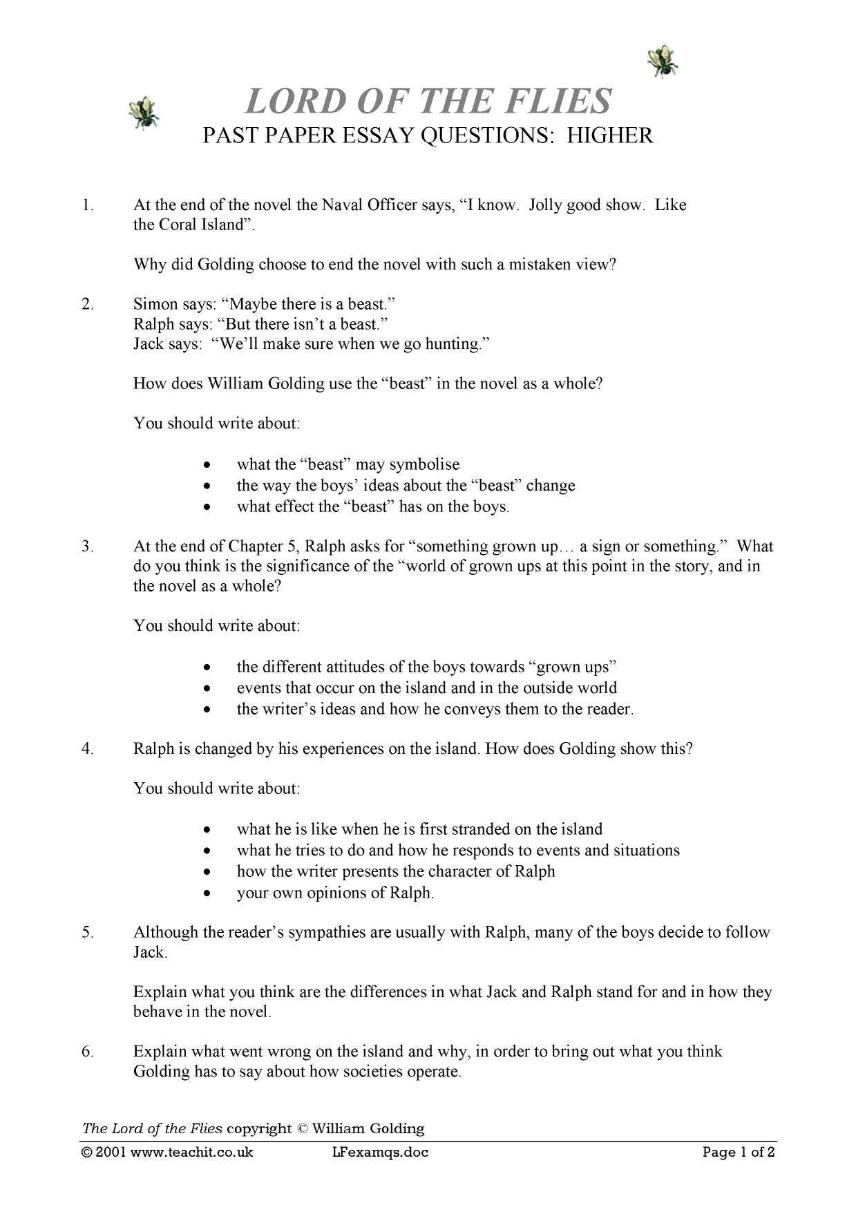 Lord of the flies practice essay questions