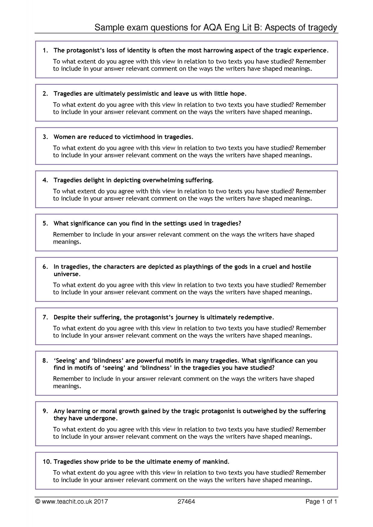 Sample exam questions for AQA Eng Lit B: Aspects of tragedy