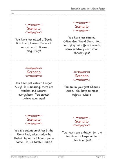 Scenario cards for Harry Potter (Teachit)