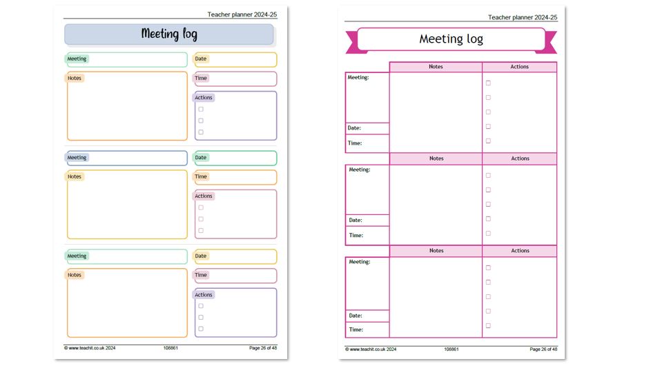 Templates for meeting notes from Teachit's Teacher Planner