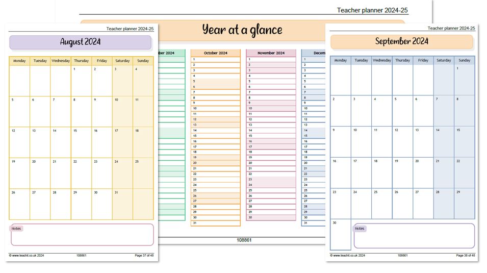 Monthly and yearly calendar templates from Teachit's Teacher Planner