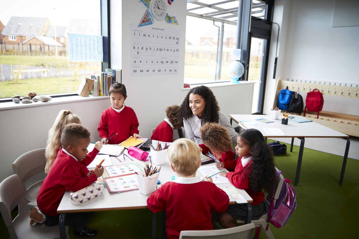 Primary school children doing groupwork with teacher