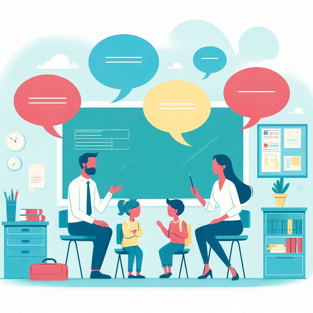 Parent talking to teacher with children in the classroom