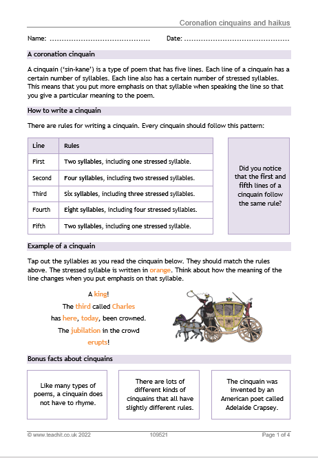 Coronation cinquains and haikus | Poetry | KS2 | Teachit