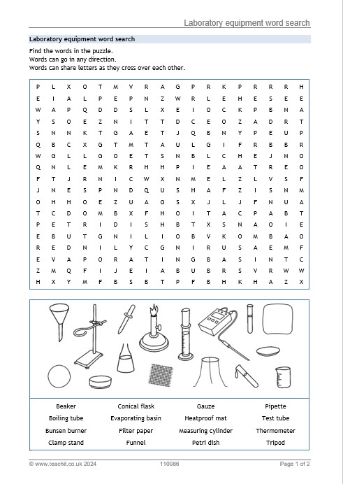 Lab equipment word search | Science word search KS3| Teachit