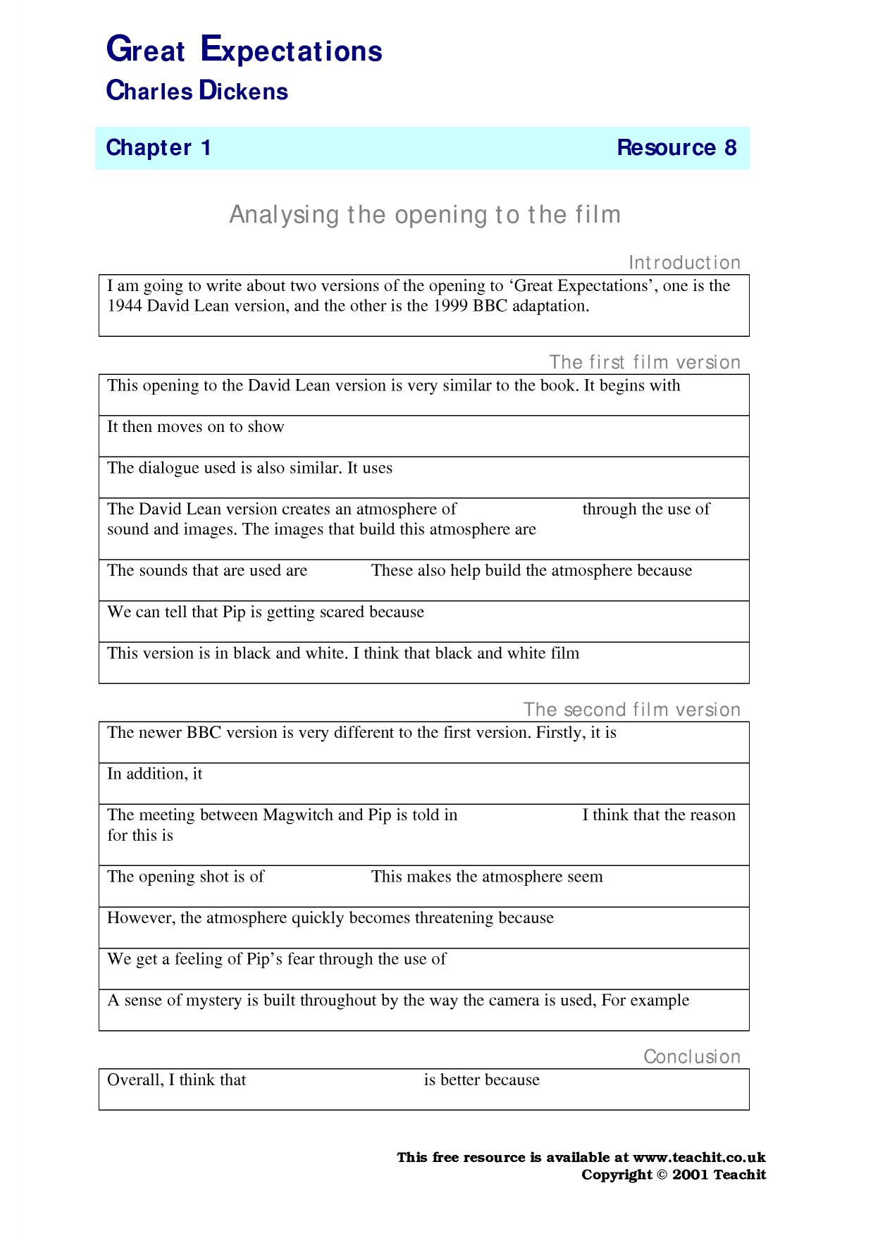Comparative Essay Frame Film Versions Of Great Expectations KS3 4 