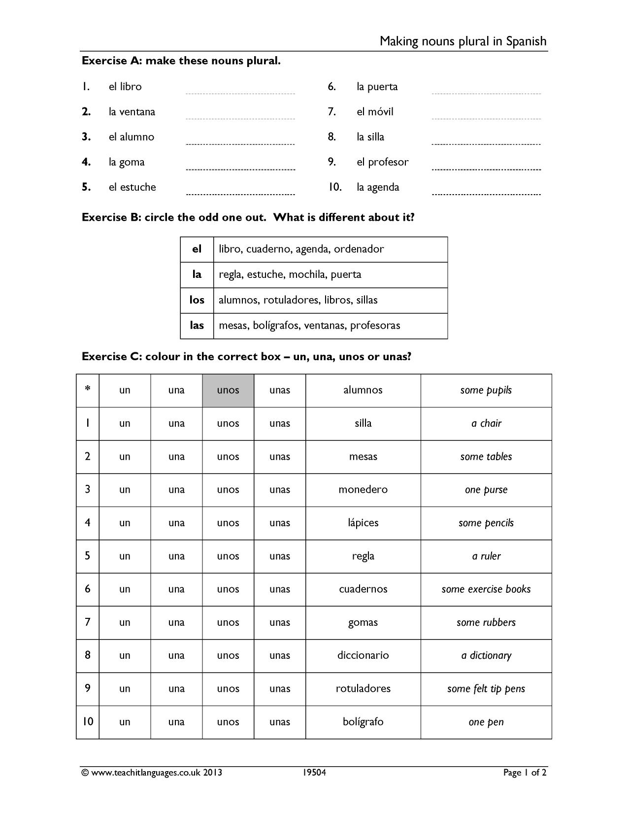 Spanish Grammar: Singular and Plural Activity Sheet - Twinkl