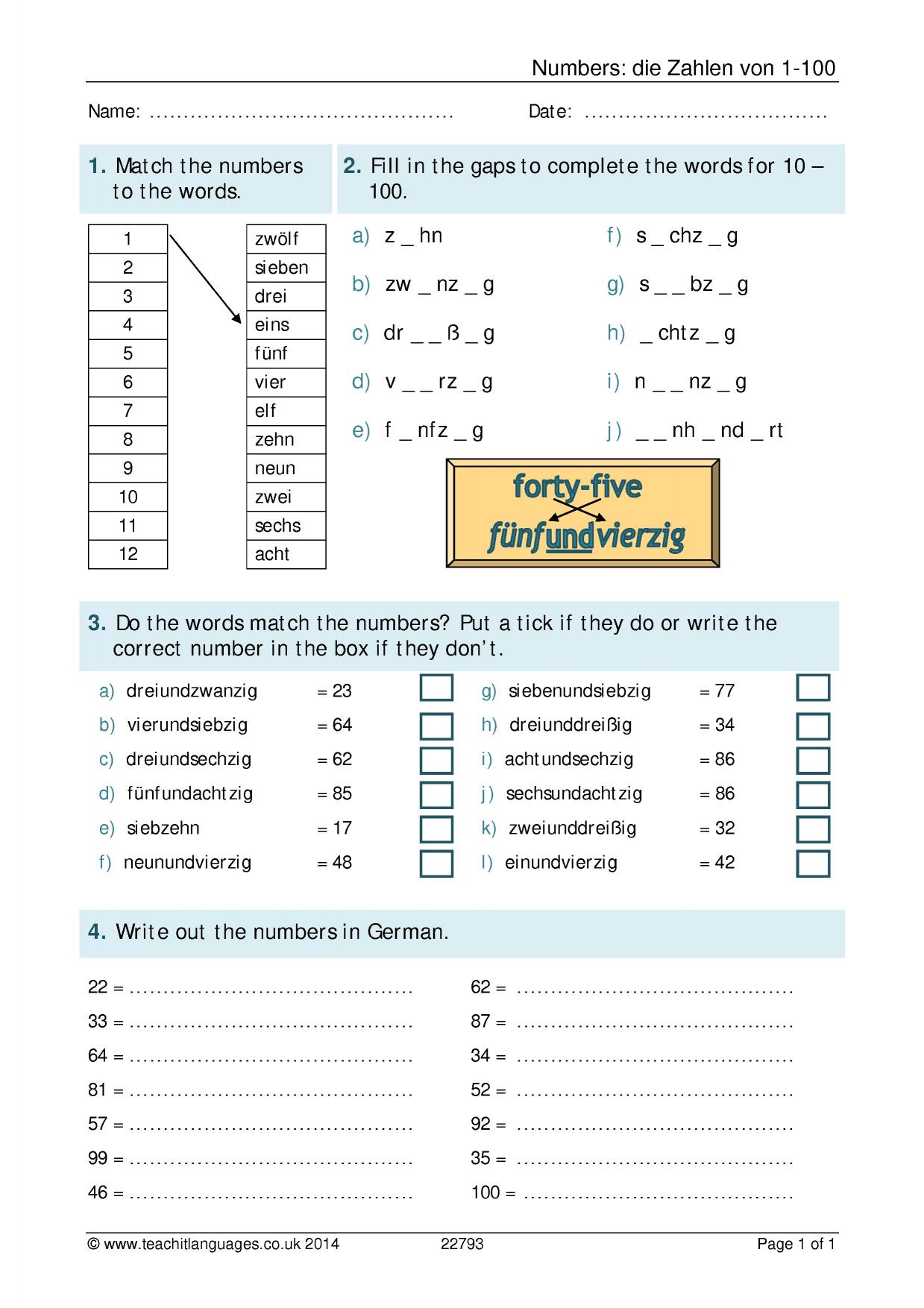 Worksheet Numbers 1 100 Ks3 German Teaching Resource Teachit