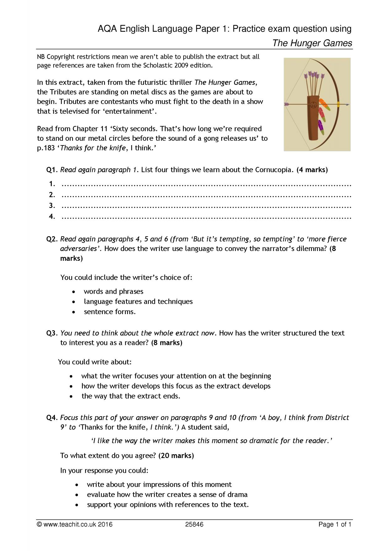 AQA English Language Paper 1: Practice exam question using 'The Hunger Games 