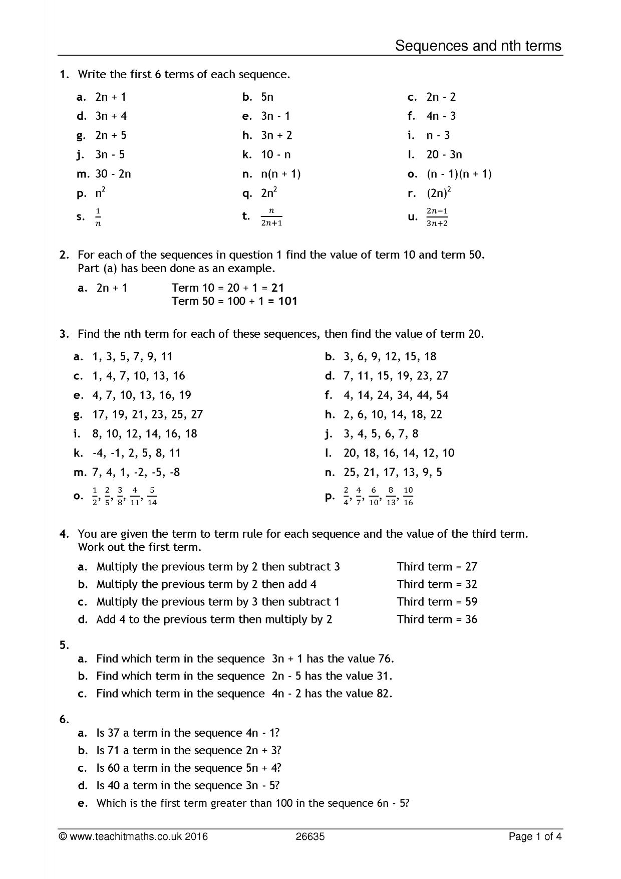 Sequences And Nth Terms Worksheet KS3 Maths Teachit