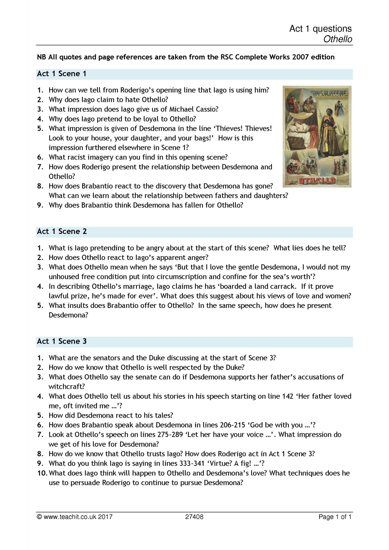 essay questions on othello act 1