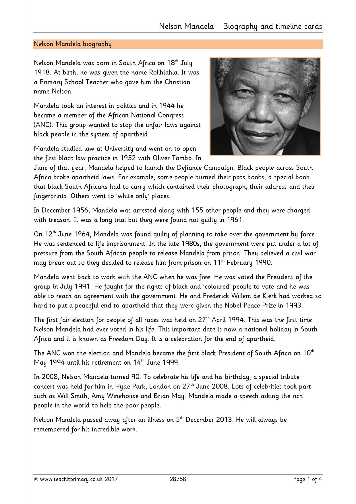 biography of nelson mandela for project file