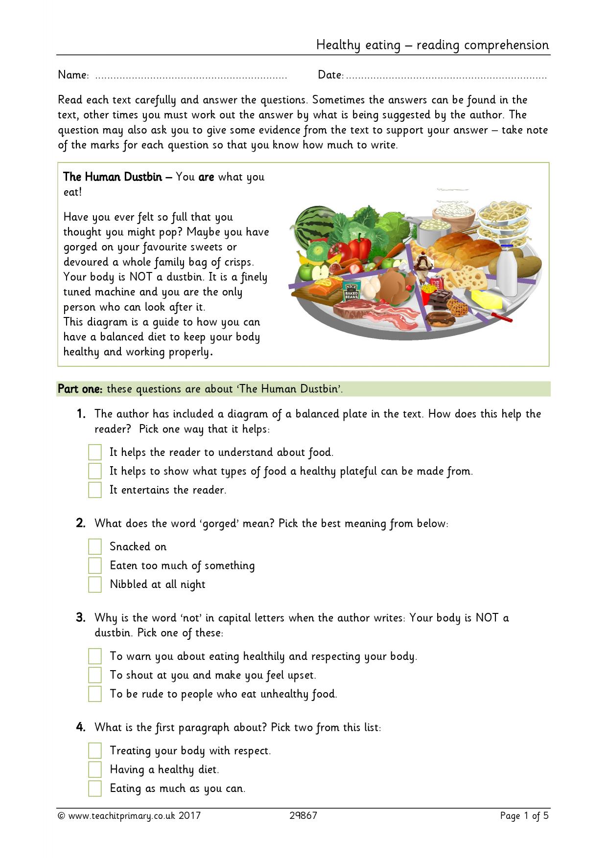 healthy eating habits reading comprehension