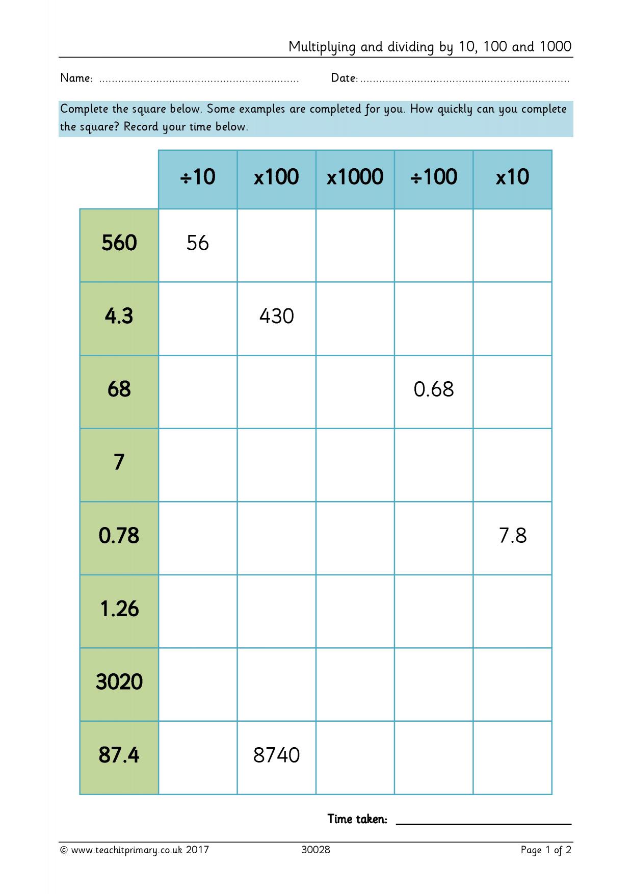 Multiplying And Dividing By 10 100 And 1000 Ks2 Place Value Teachit