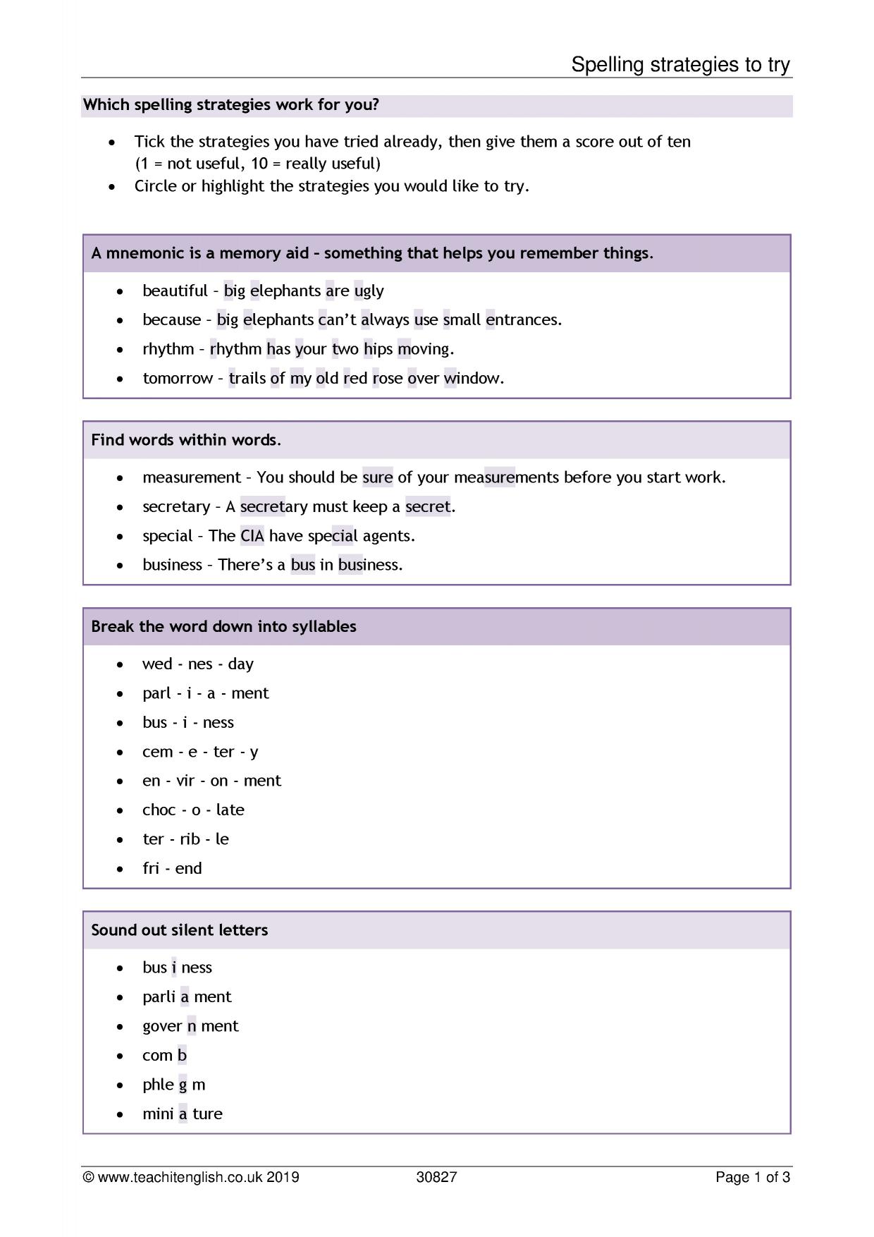 Spelling strategies | SPaG | Mnemonics | KS3 | Teachit