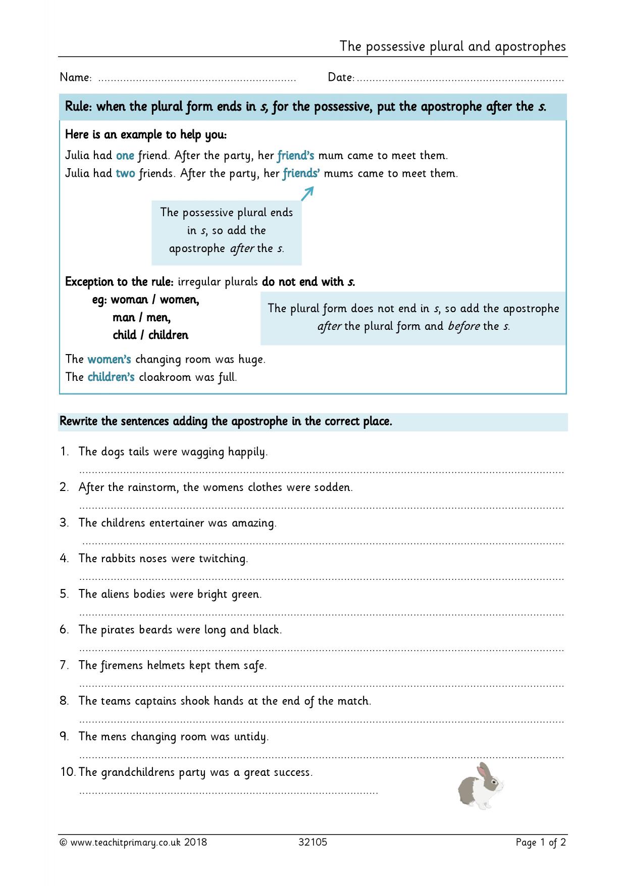 Apostrophes For Plural Possession Worksheet