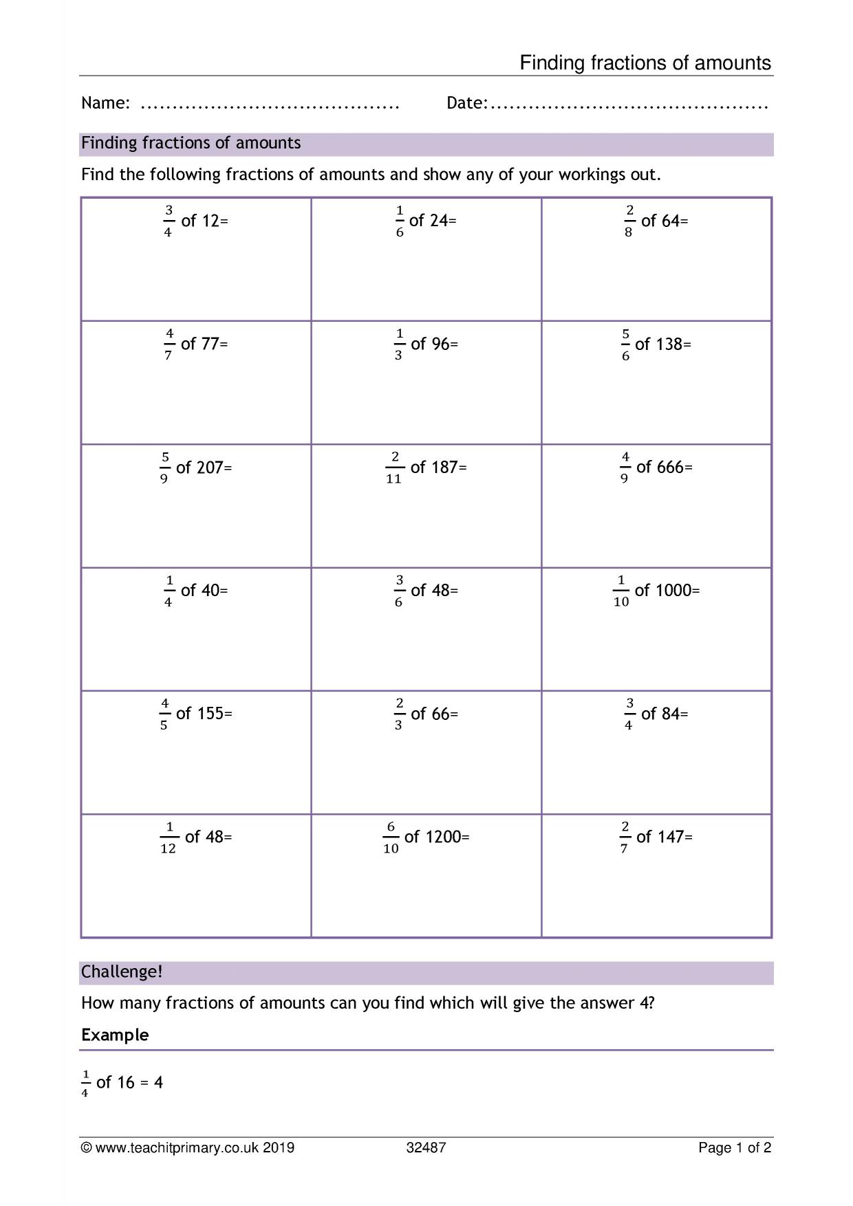 fractions of amounts homework year 5