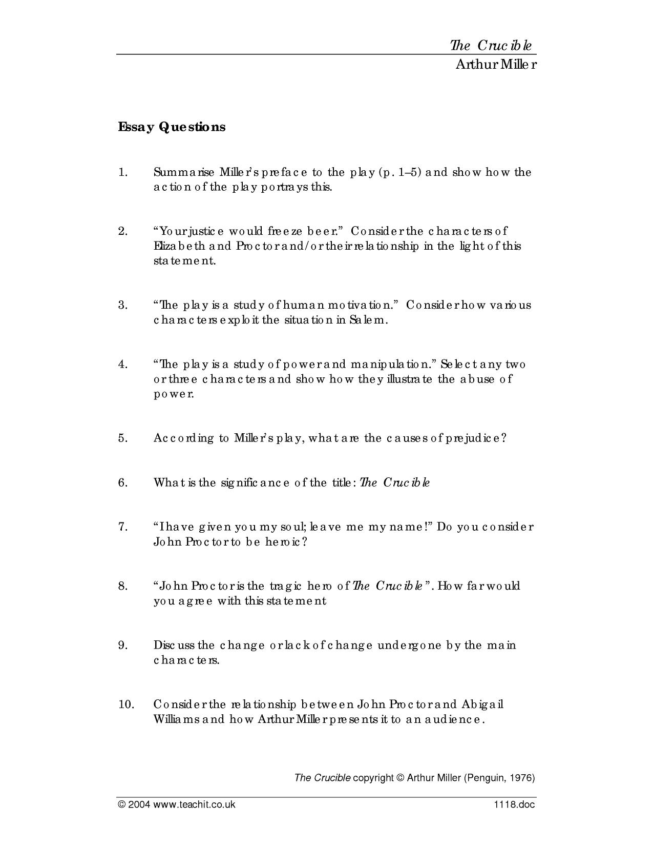 crucible essay questions and answers