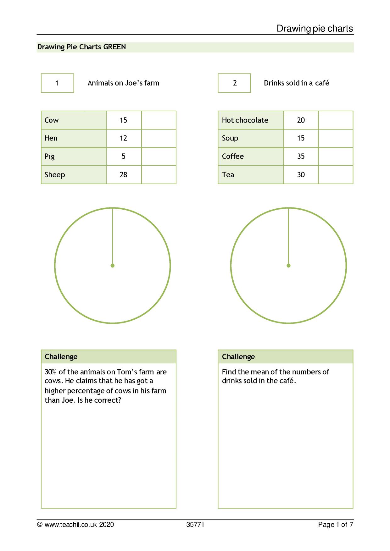 Drawing pie charts worksheetKS34 mathsTeachit