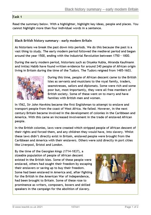 Black history summary on early modern Britain resource