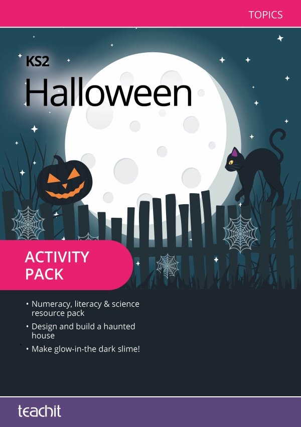 Halloween activity teaching pack front cover. Pack contains numeracy, literacy and science worksheets, resources and activities.