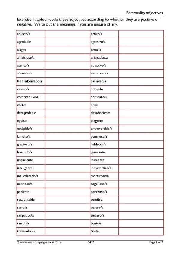 Adjectives Character Description Ks3 4 Spanish Teaching Resource Teachit