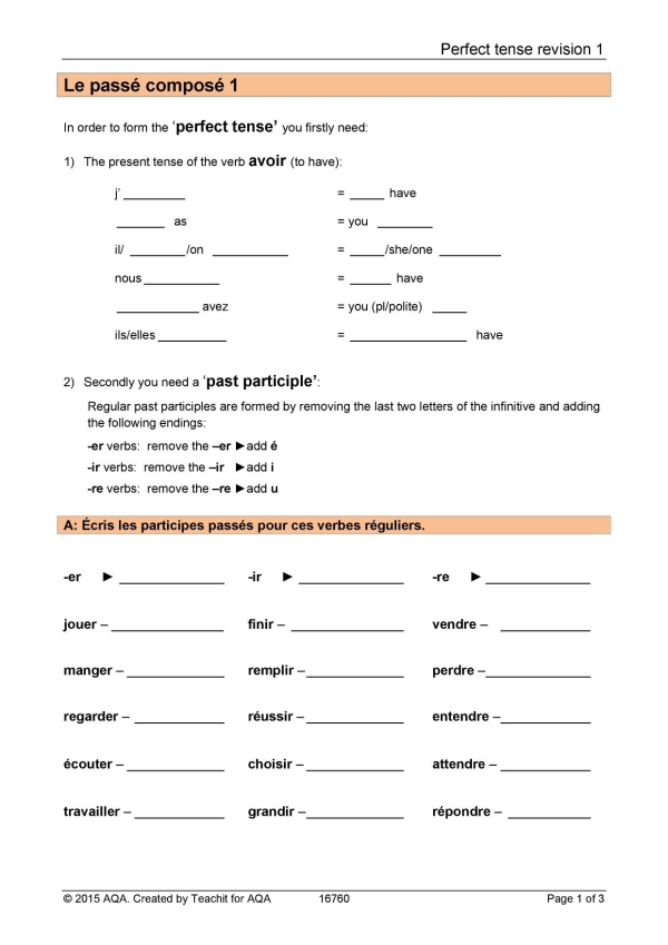 Perfect Tense Worksheets Grammar Revision KS3 4 French Teaching Resource Teachit