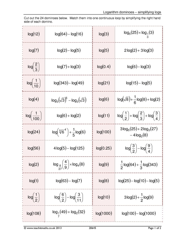 Logarithm dominoes – simplifying logs