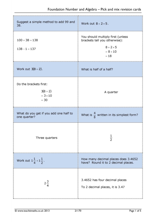 Foundation Number and Algebra – Pick and mix revision cards