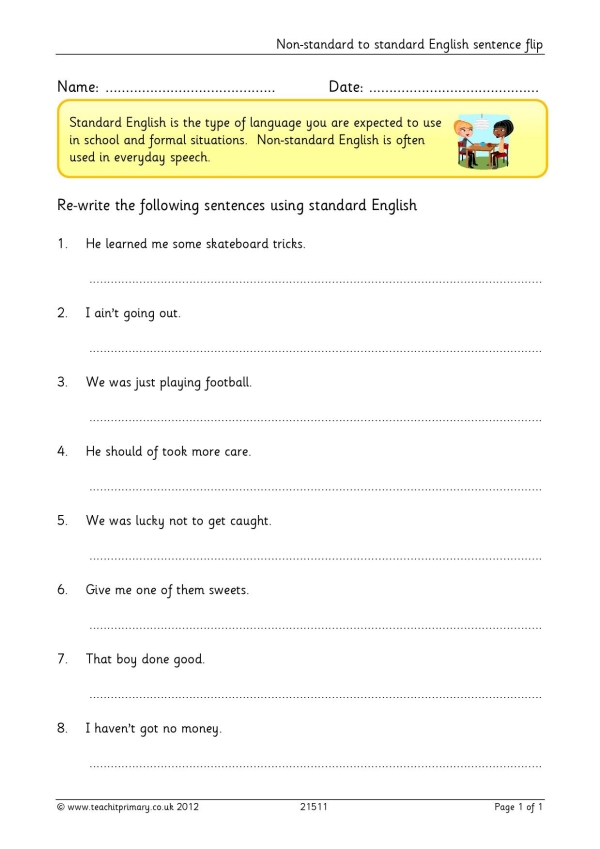 Standard And Non Standard English Worksheet