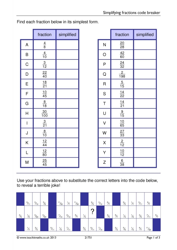 Simplifying fractions code breaker
