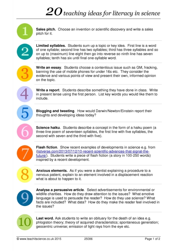 20 teaching ideas for literacy in science