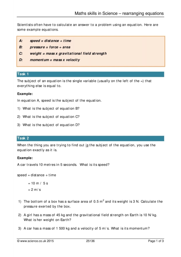 Maths skills in Science – rearranging equations