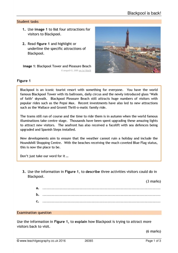 Tourism in Blackpool - a case study exam question.