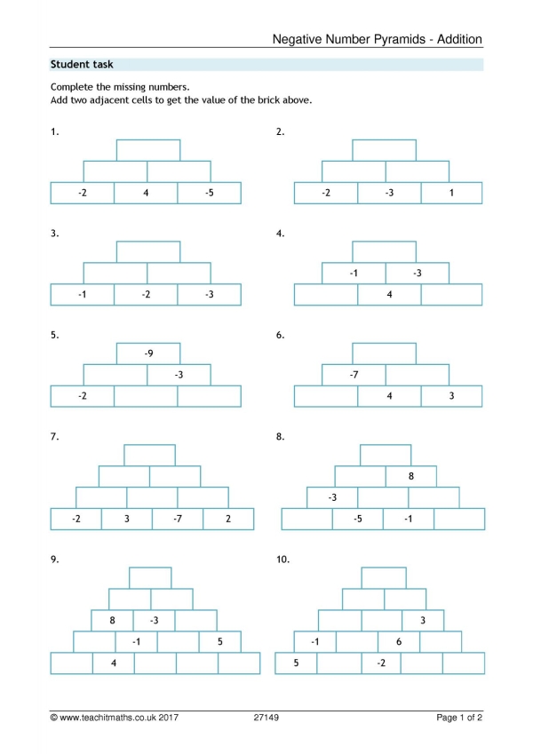 Negative Numbers pyramid-addition