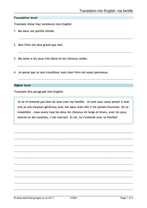 Translation worksheet | Family | KS3-4 French teaching resource | Teachit