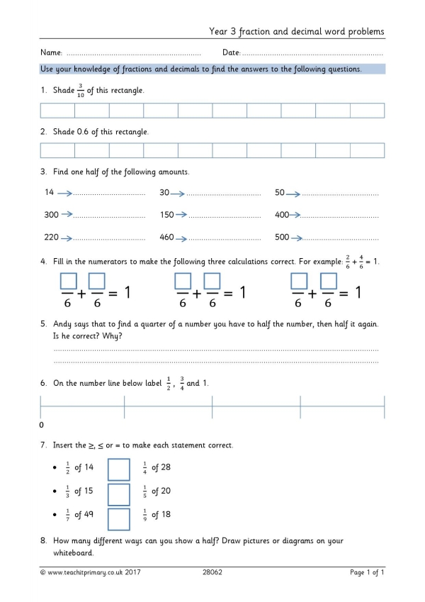 Year 3 fraction and decimal word problems