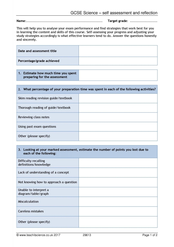 GCSE Science – self assessment and reflection