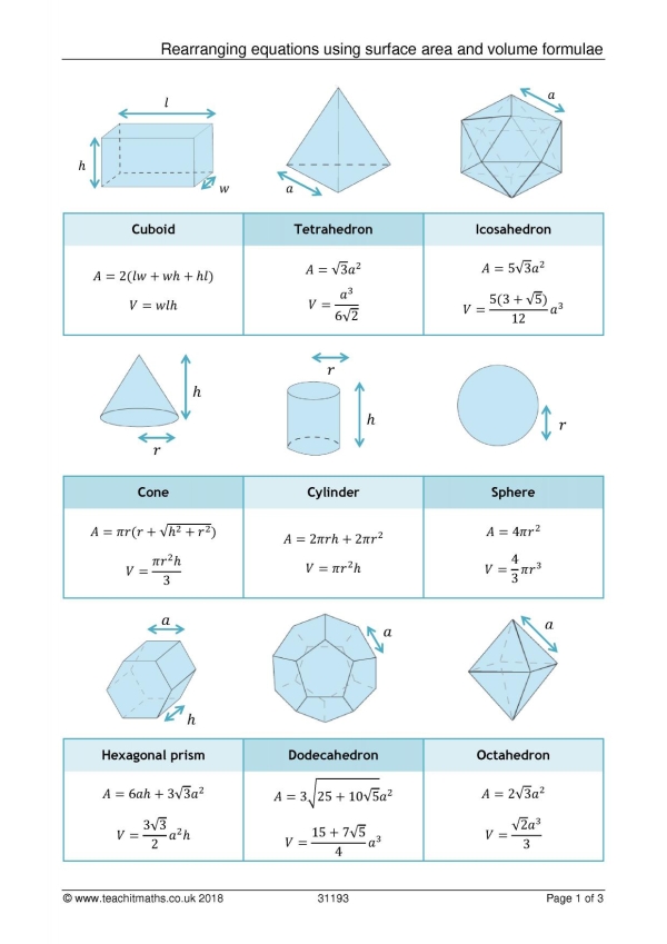 Rearranging equations with volume and surface area of 3D shapes