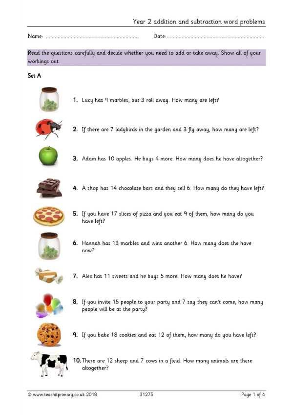 Addition and subtraction word problems | KS1 Maths | Teachit
