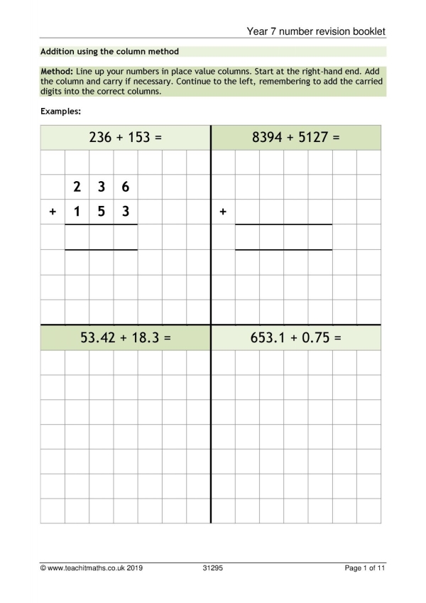 Year 7 number revision booklet