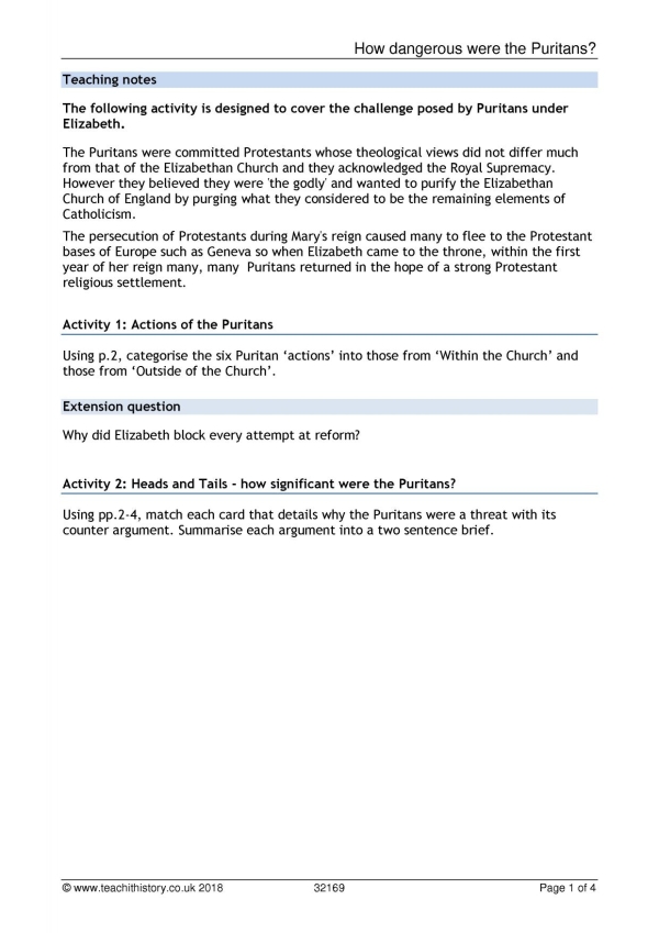 Puritains | Elizabeth I | Worksheet | KS4 history | Teachit