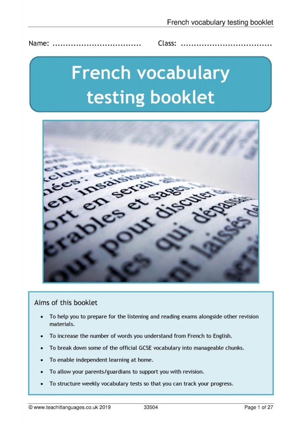 French vocabulary testing booklet