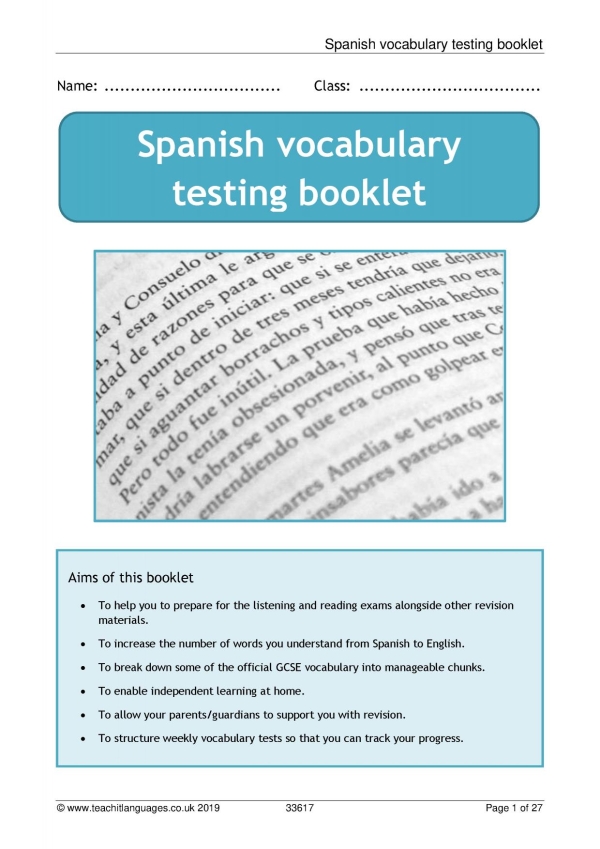 Spanish vocabulary testing booklet