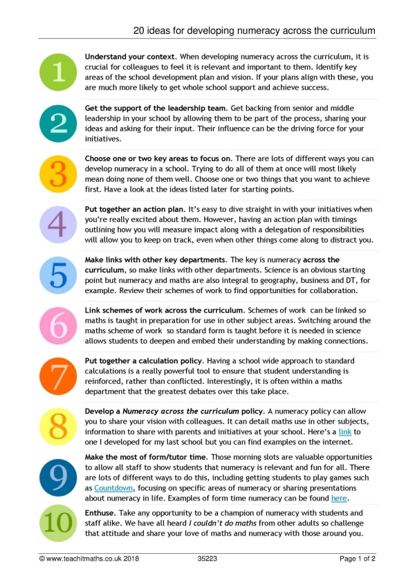 20 ideas for developing numeracy across the curriculum