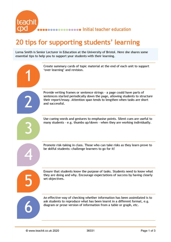 20 tips for supporting students' learning