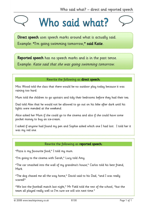 reported speech worksheet ks2
