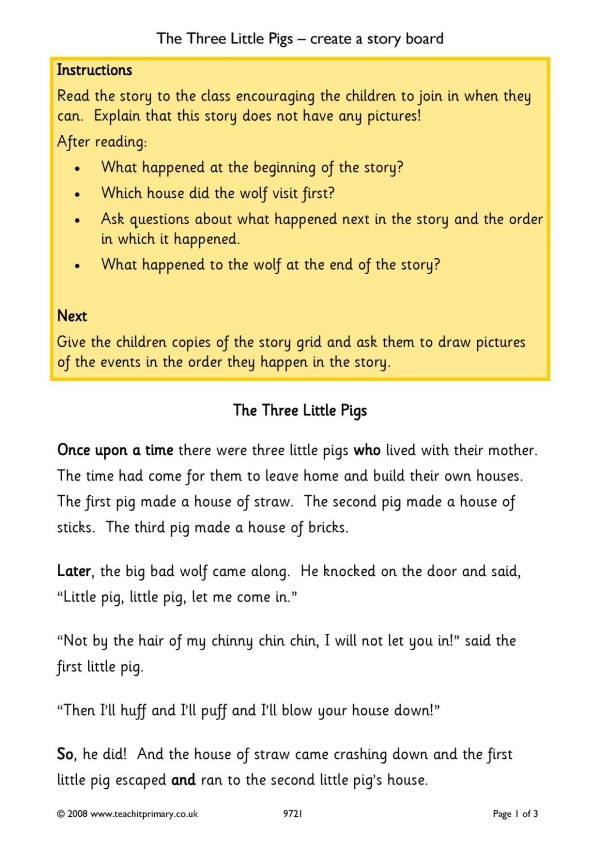 The Three Little Pigs – create a story board