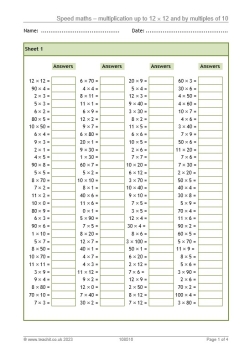 Multiplication up to 12 x 12 and by multiples of 10 practice worksheet