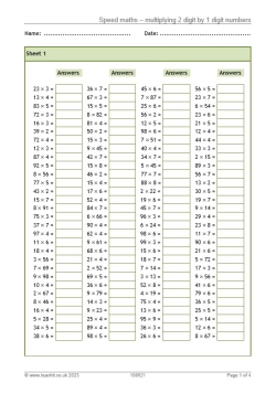 Multiplying 2 digits by 1 digit practice worksheet